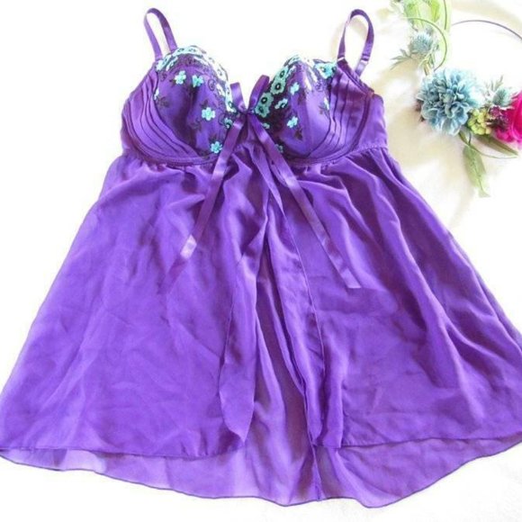 Cacique Other - Cacique Open Teddy 22 24 Purple Embroidered Blue Black Sheer Floral Nightie 3X